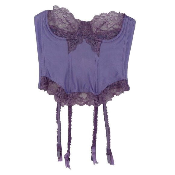VTG Dolores Poirette Women 34 Purple Floral Lace Corset Top Boned Garter Straps - Picture 1 of 16